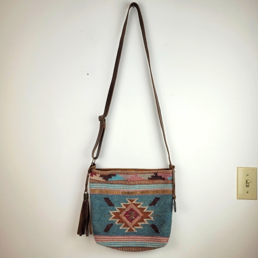 Catchfly Studio Aztec Rug Southwest Beaded Boho Aqua Brown Leather Crossbody Bag